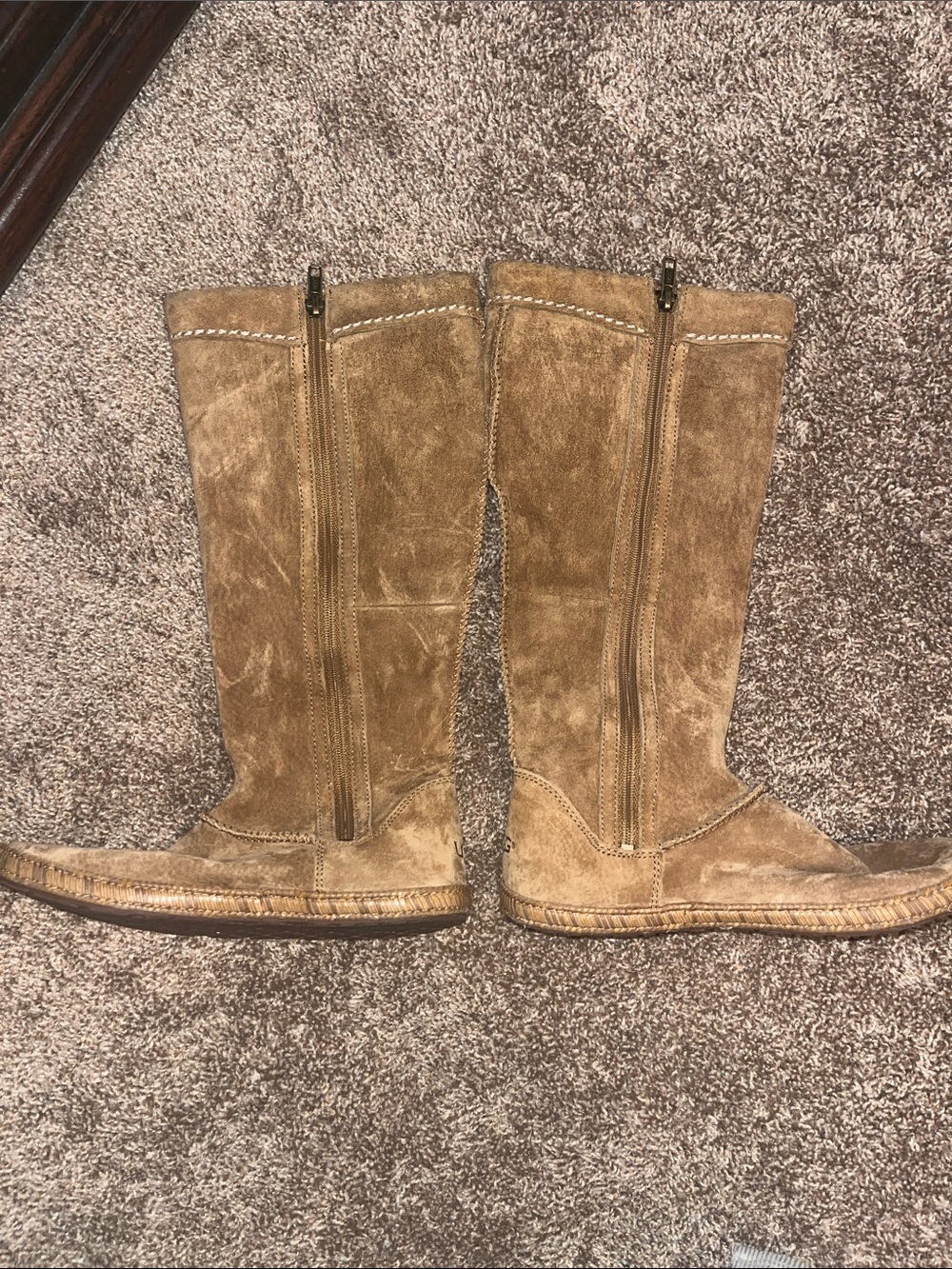 Suede Mid-Calf UGG Zipper Boots in Light Brown. Moccasin style.
